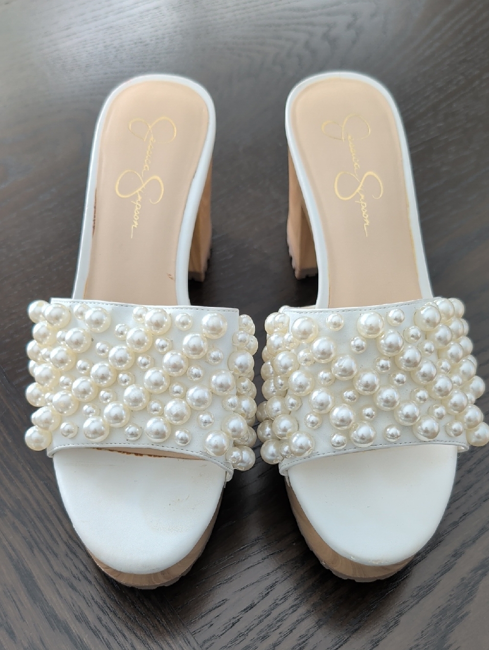 Jessica Simpson Pearl-Embellished White Slide Mules